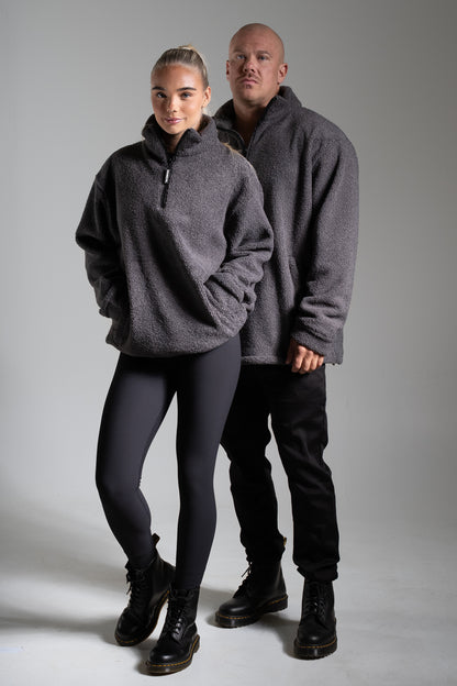 Oversize half zip teddy tummanharmaa