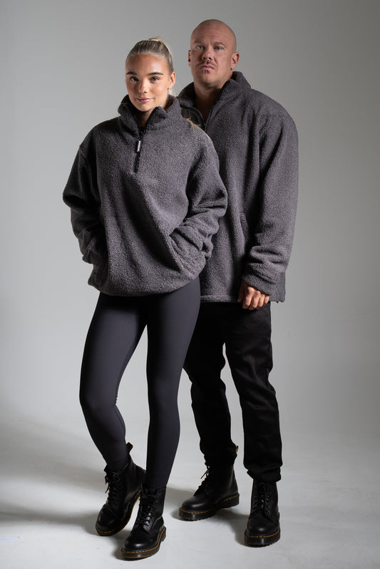 Oversize half zip teddy tummanharmaa