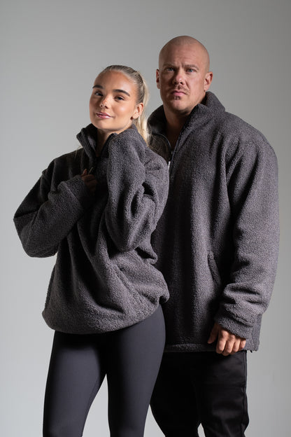 Oversize half zip teddy tummanharmaa