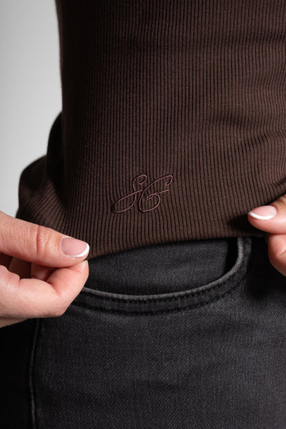 Rib cross back top tummanruskea